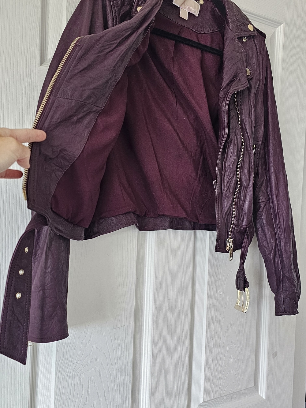 Michael Kors Lambs Leather Dark Plum Burgundy Collar Moto Jacket Biker Small #2 - Picture 5 of 9
